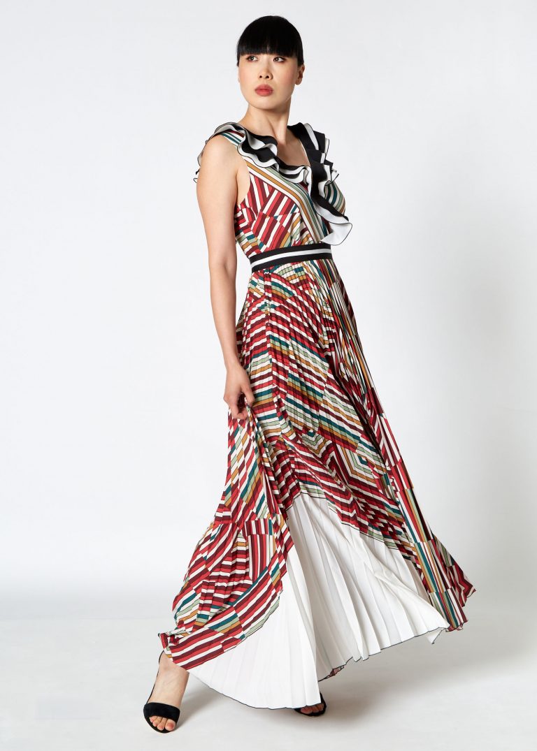 Pleated Striped Maxi Dress with Belt