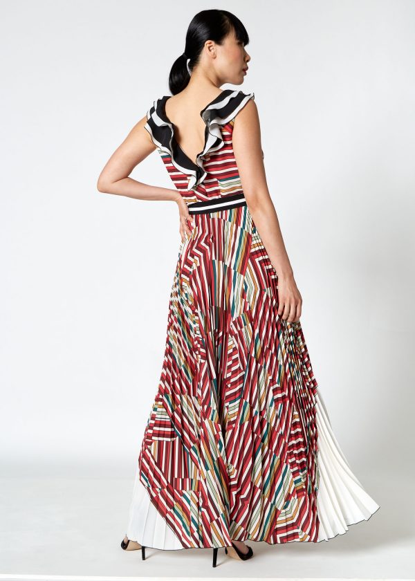 Pleated Striped Maxi Dress with Belt
