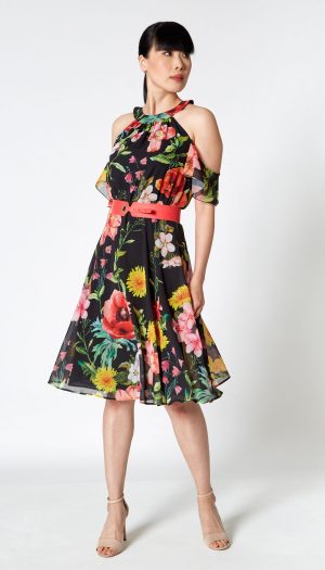 Black Spanish-Style Floral Dress with Red Belt