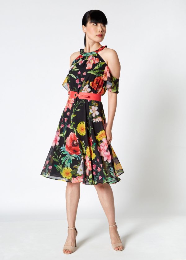Black Spanish-Style Floral Dress with Red Belt